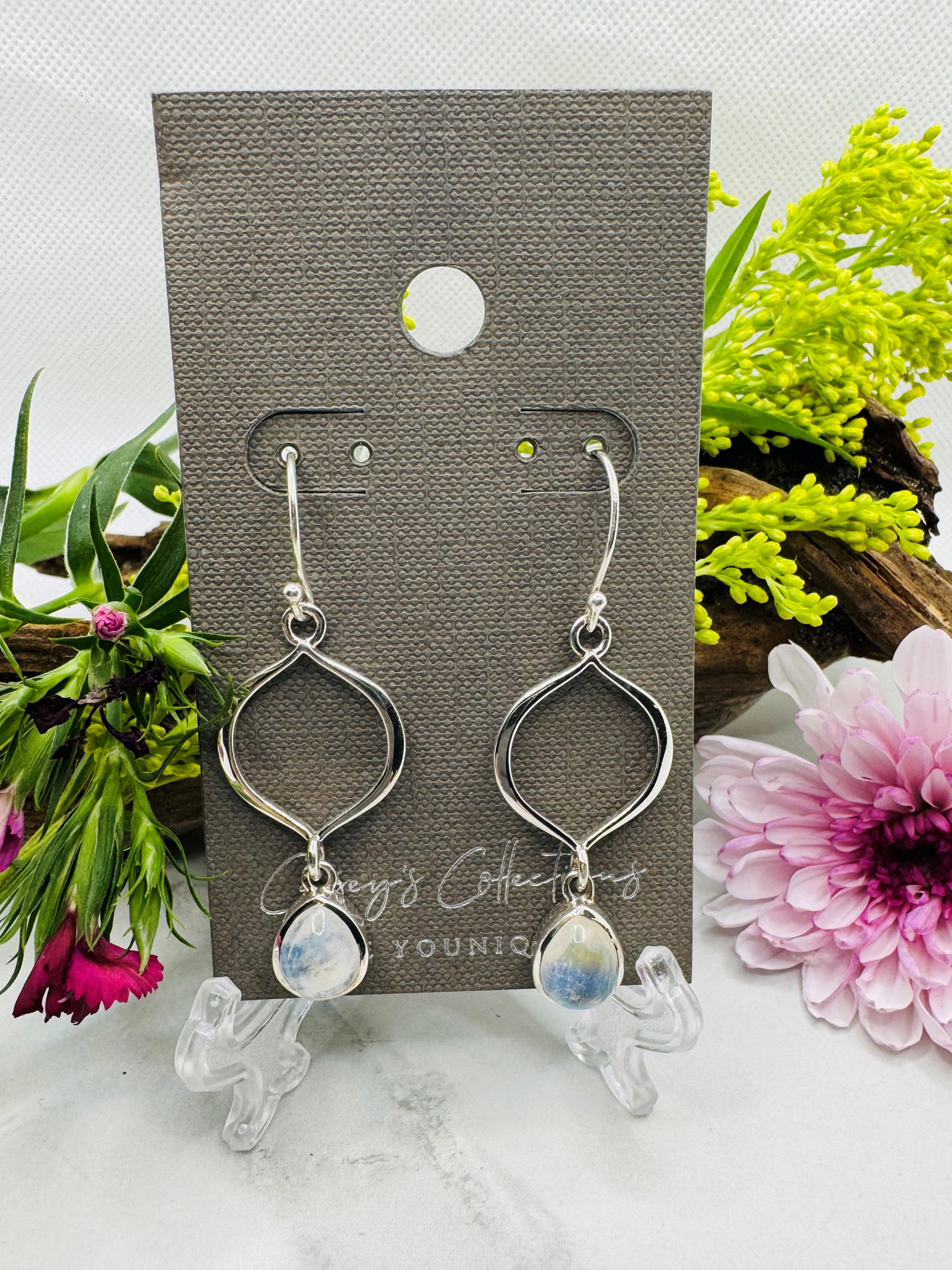 Sterling Silver Rainbow Moonstone Drop Earrings - Elegance